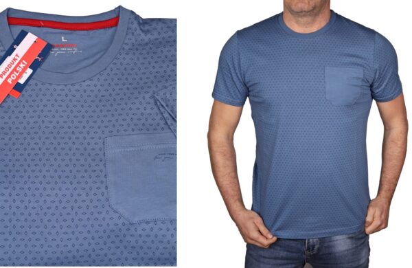 Koszulka męska niebieska z kieszonką we wzory Tshirt bawełniany Polska L - sklepbastion.pl