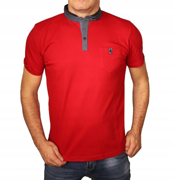 Koszulka męska elegancka czerwona na stójce z guzikami Tshirt bawełniany L - sklepbastion.pl