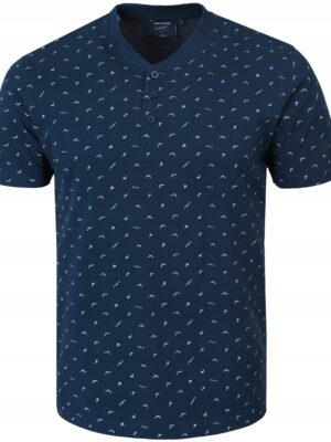 Tshirt męska granatowa koszulka elegancka Pako stylowa z guzikami wzory XL - sklepbastion.pl